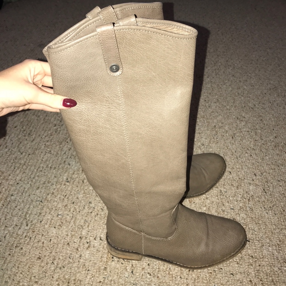 gray/ tan riding boots